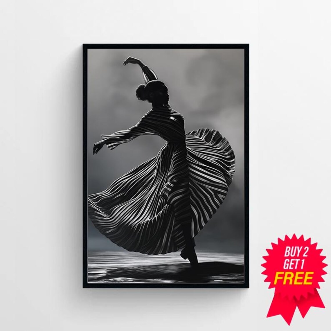 Black and White Silhouette of a Dancer in a Flowing Dress Poster - Image 4