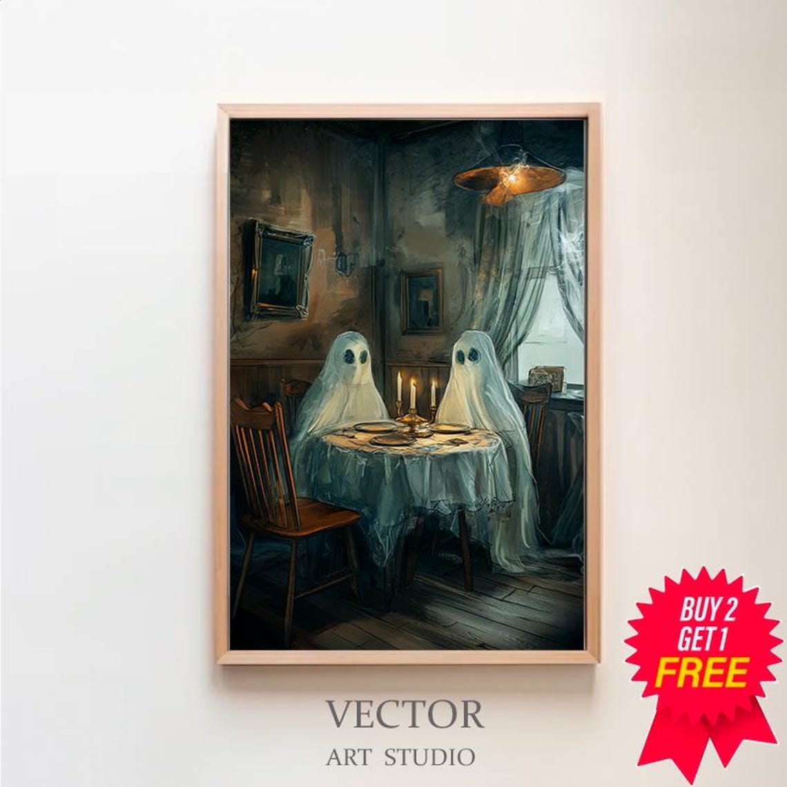 Two Ghosts Sharing Candlelit Dinner In Vintage Dining Room Poster