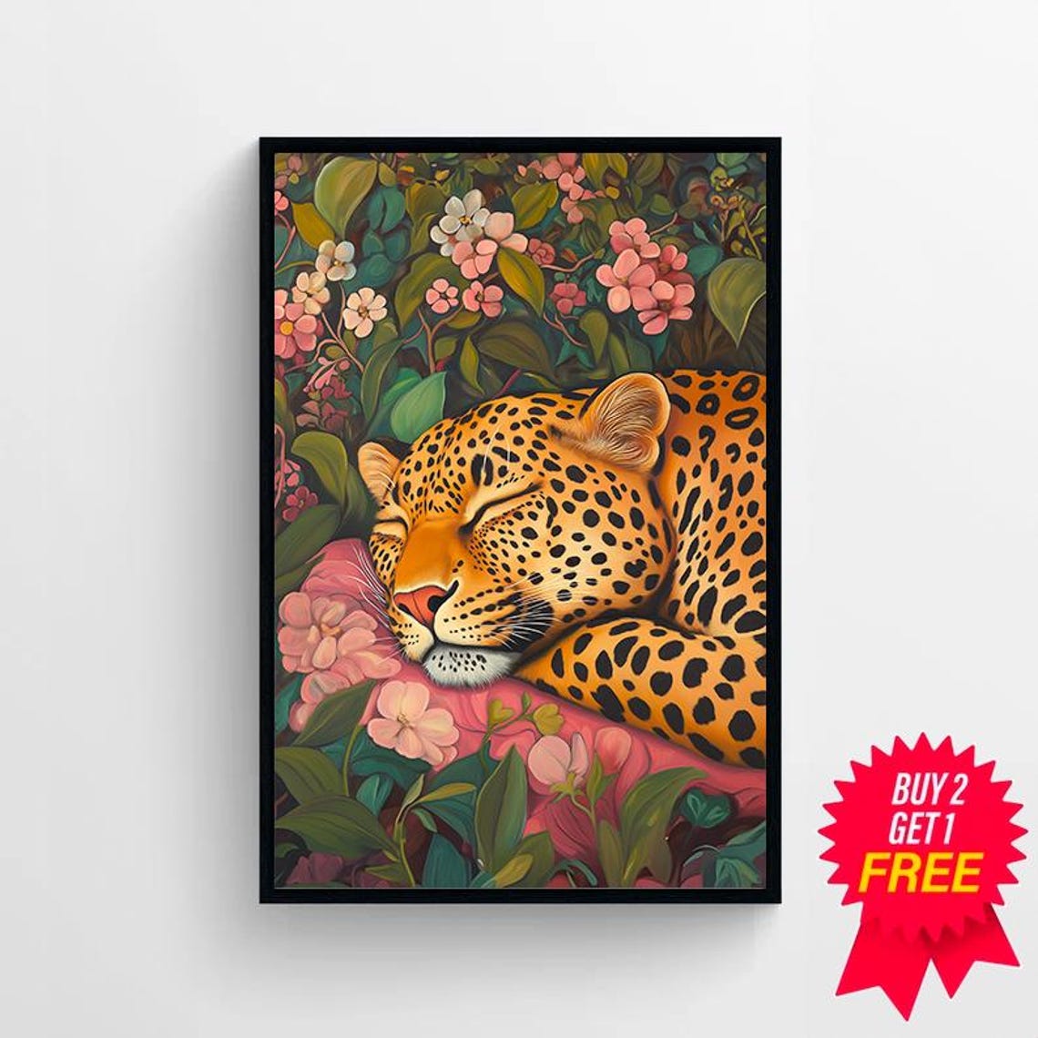 Wall Art Sleeping Leopard Maximalist Oil Painting Kitsch Wild Animal Eclectic Floral Print Bold Pink Dopamine Bedroom Poster - Image 4