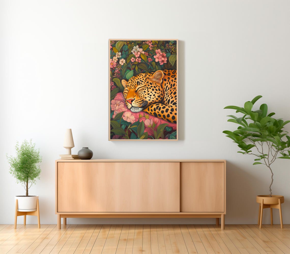 Wall Art Sleeping Leopard Maximalist Oil Painting Kitsch Wild Animal Eclectic Floral Print Bold Pink Dopamine Bedroom Poster - Image 2