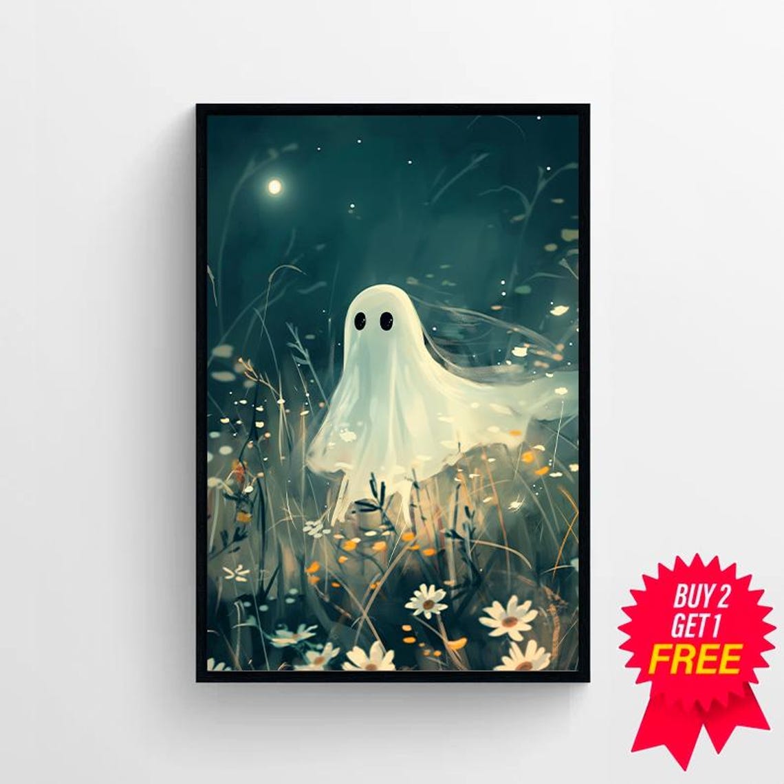 Glowing Ghost Drifting Through Moonlit Wildflower Meadow Night Poster - Image 4