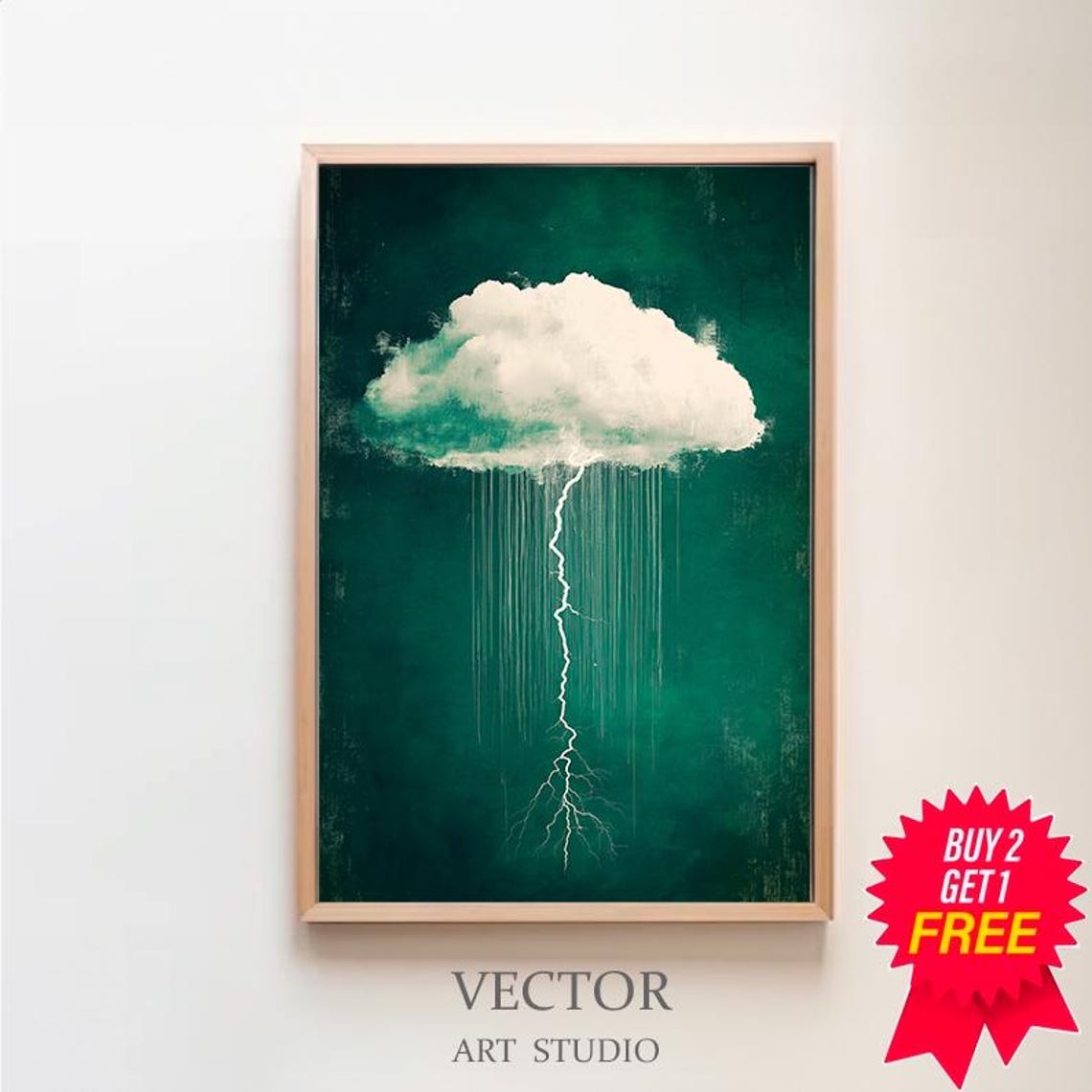 Emerald Green Lightning Cloud Art Cloud Art Minimalist Wall Decor Cloud Print Lightning Art Moody Cloud Art