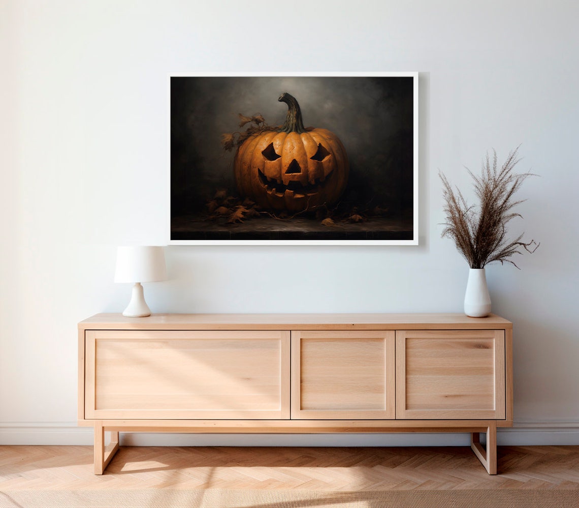 Smiling Jack O Lantern on Dark Background Moody Halloween Poster - Image 2