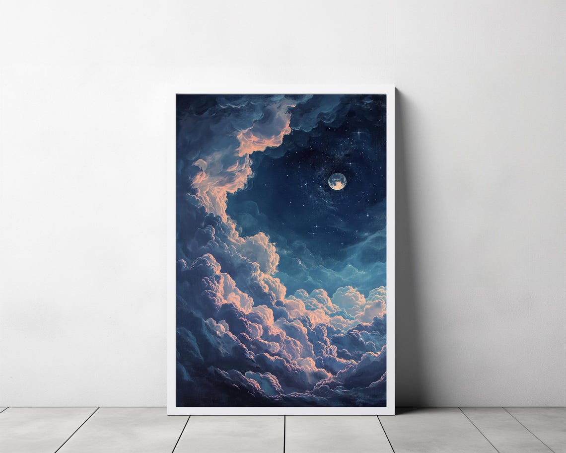 Enchanting Moon Art Print Vintage Inspired Dark Academia Dark Cottagecore Celestial Art Print Night Sky Painting - Image 3