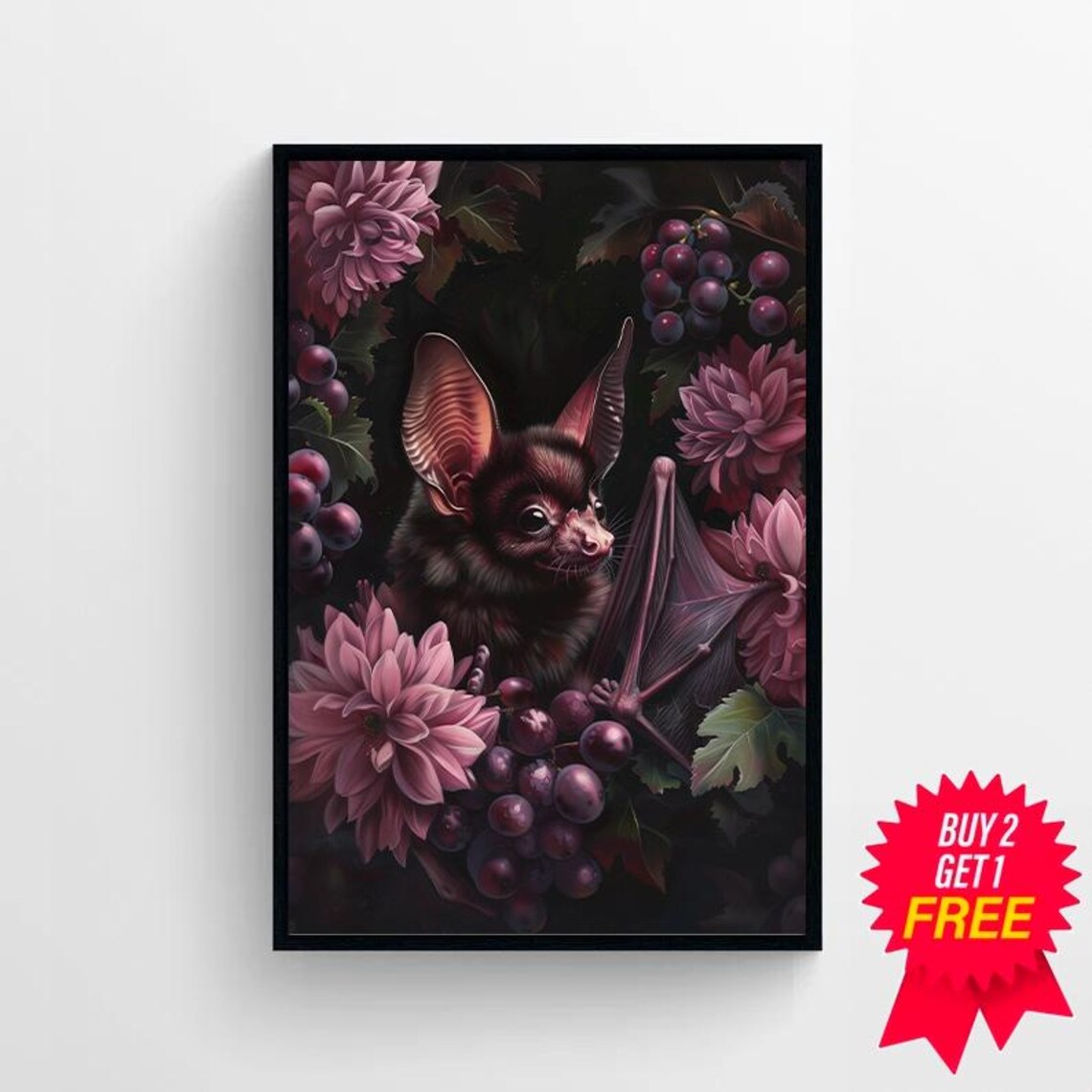 Gothic Fruit Bat with Spread Wing Among Dahlias Dark Floral Art Print - Image 4