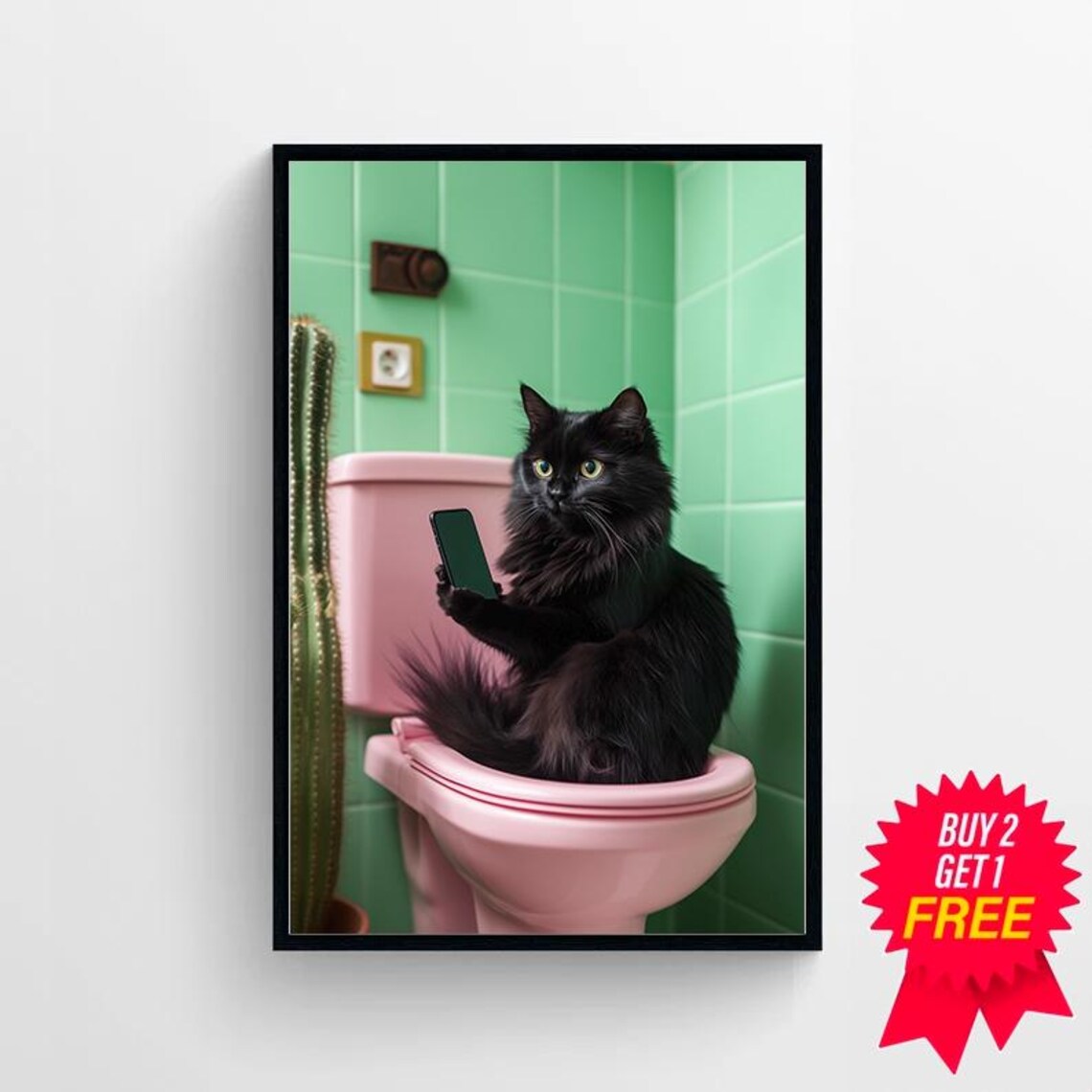 Black Cat Taking Selfie On Pink Toilet Funny Bathroom Poster - Image 4