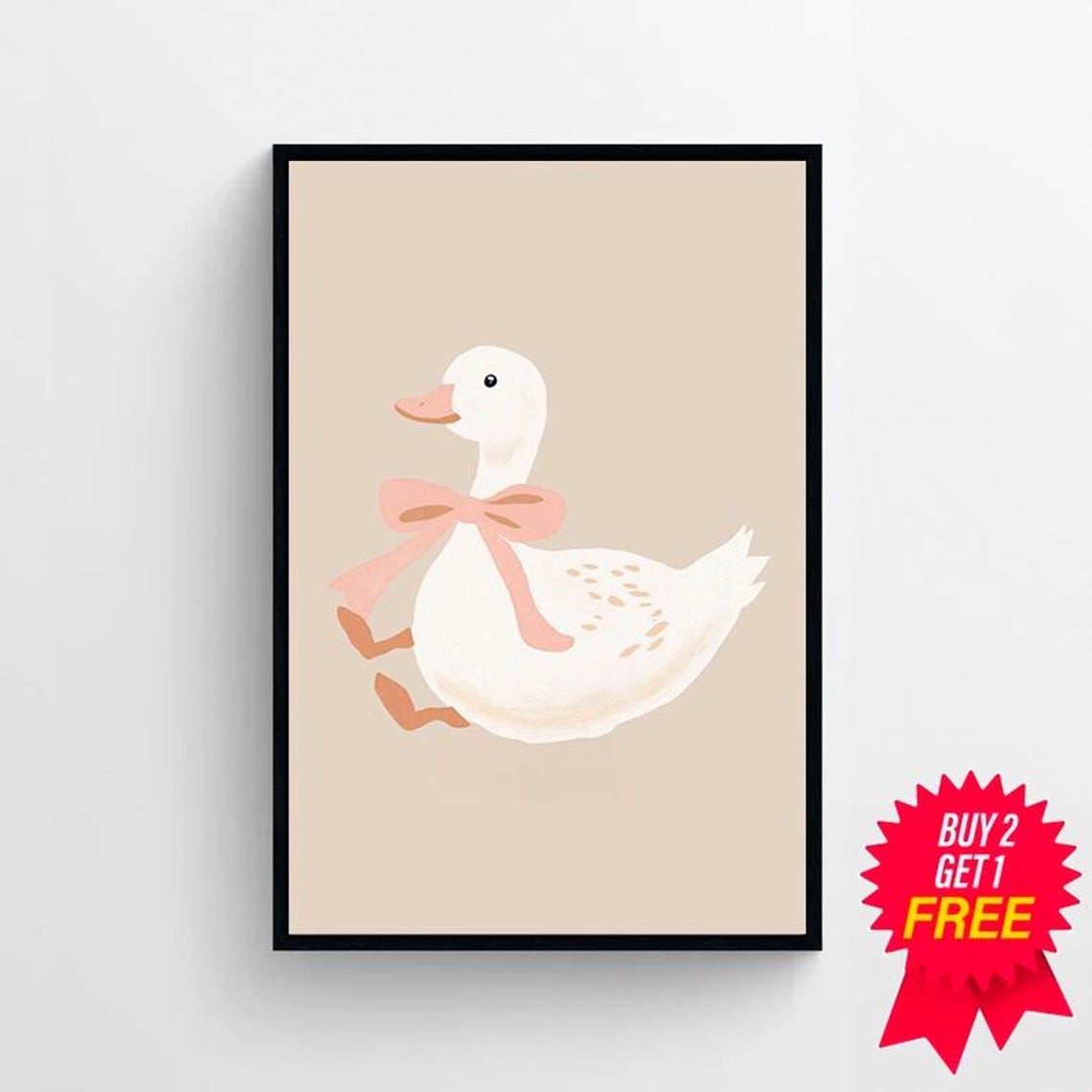Silly Goose With a Pink Bow on a Beige Minimalist Nursery Art Poster - Image 4