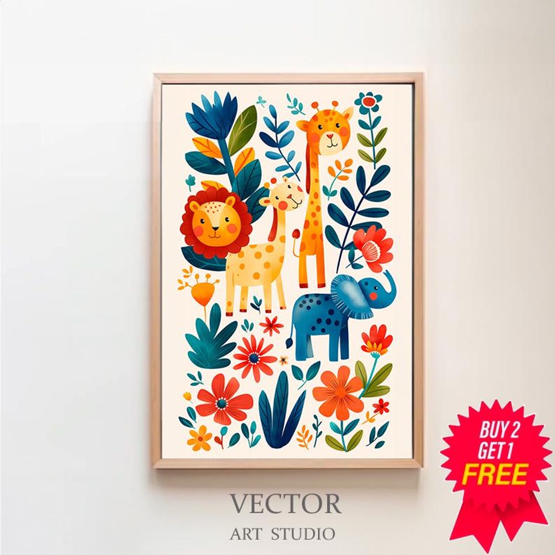 Happy Lion Giraffe Elephant Flowers Safari Kids Nursery Poster
