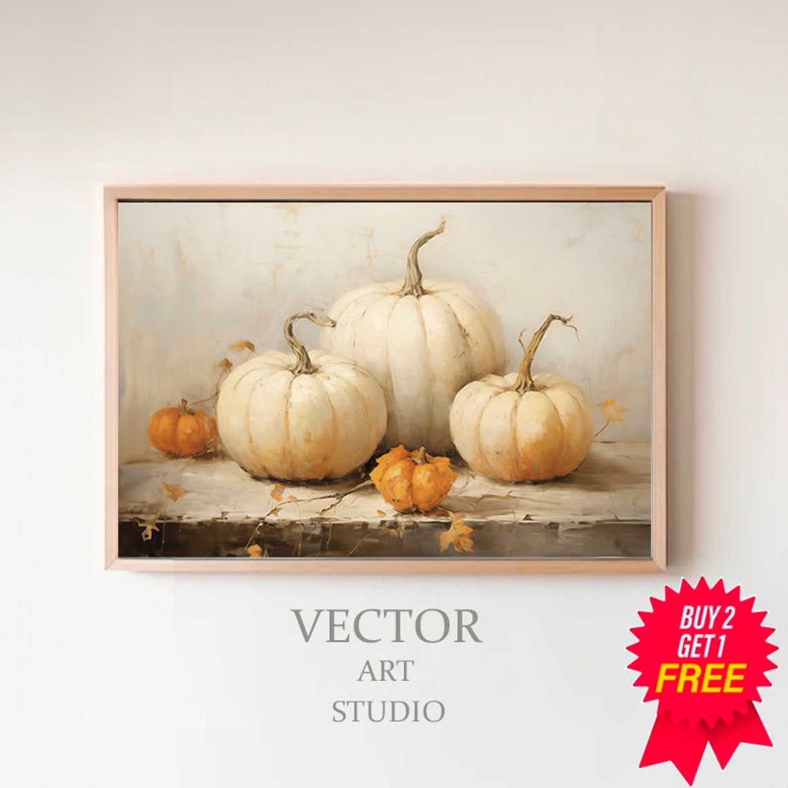 White Pumpkins on a Rustic Table Warm Neutral Fall Still Life Poster