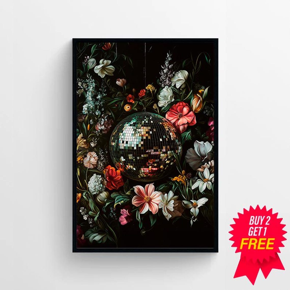 Vivid Wall Art Disco Ball Maximalist Painting Bold Eclectic Botanical Print Green Trendy Kitsch Poster Colorful Dopamine Decor - Image 4