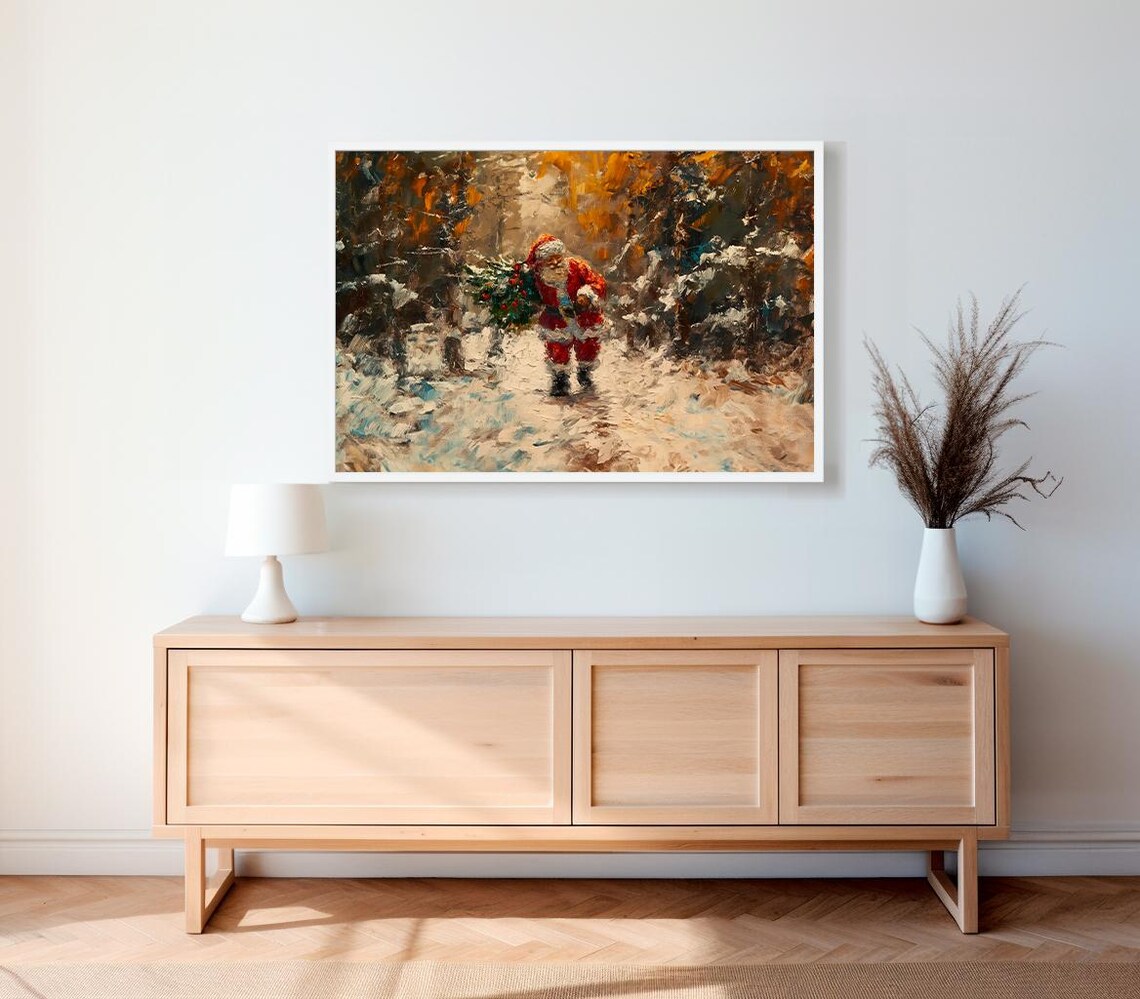 Santa Claus Carrying Christmas Tree Through Snowy Forest Oil Poster - Image 2