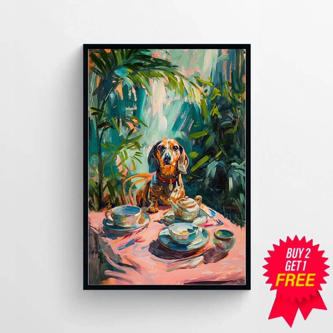 Dachshund At Tea Table In Lush Jungle Impressionist Art Poster - Image 4