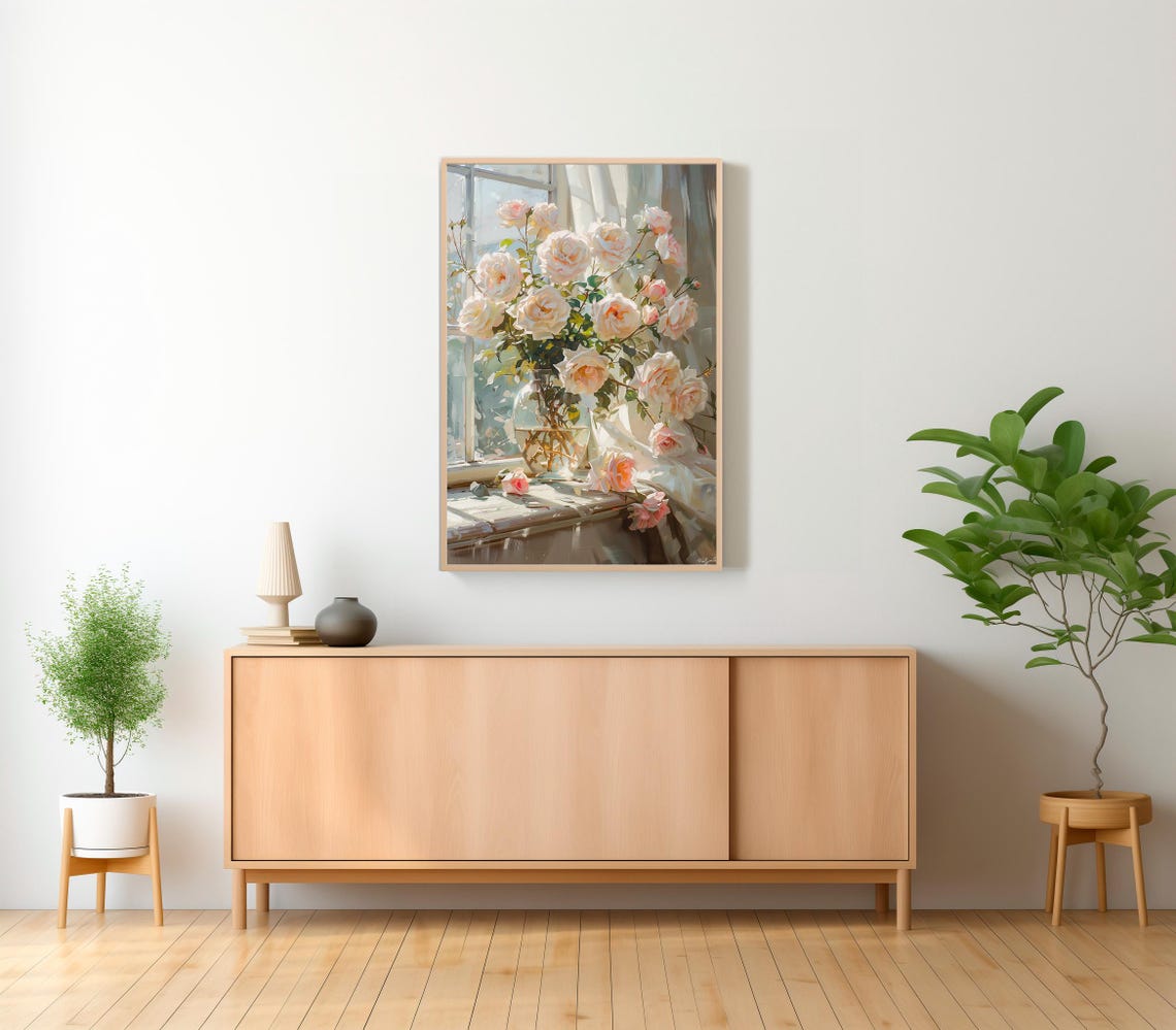 White Roses Bouquet in Glass Vase by a Sunlit Window Art Poster - Image 2
