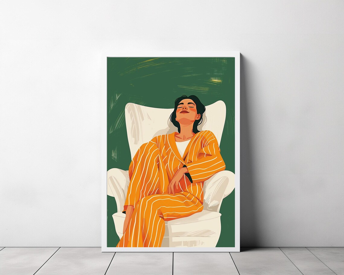 Stylish Woman Relaxing in Striped Pajamas Modern Lounge Poster - Image 3
