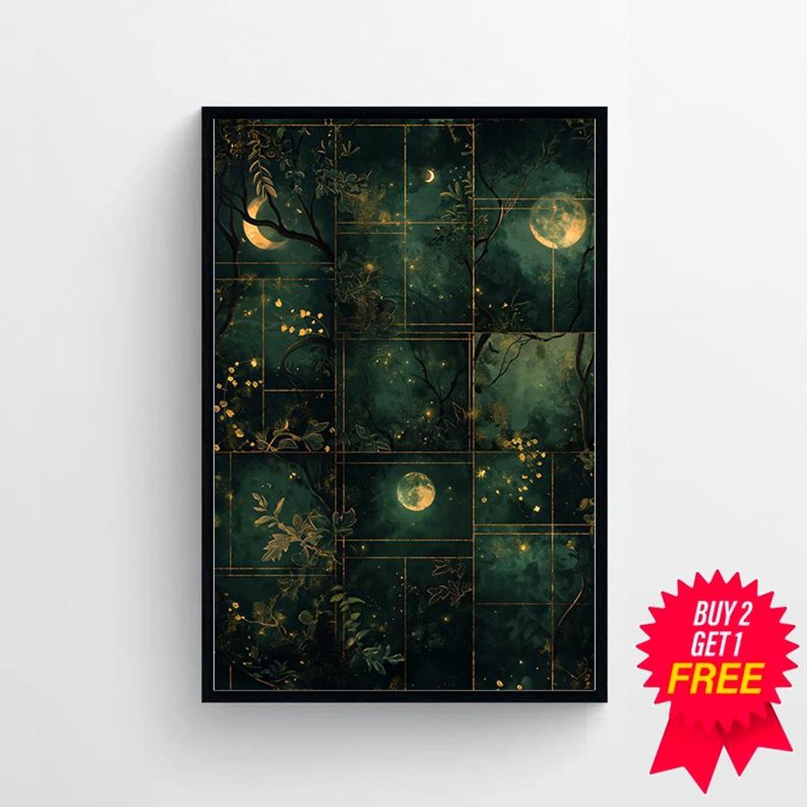 Moonlit Forest Grid with Golden Crescents and Fireflies Poster - Image 4
