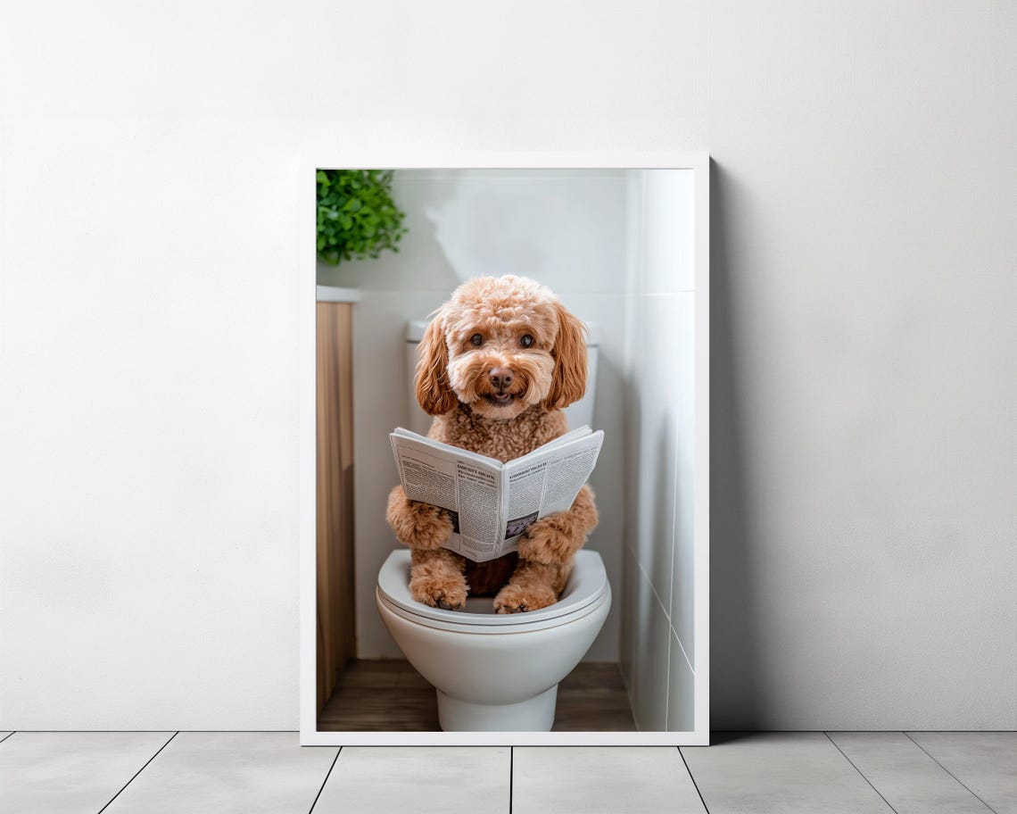 Cute Apricot Cavapoo Puppy Reading Newspaper on Toilet Bathroom Poster - Image 3