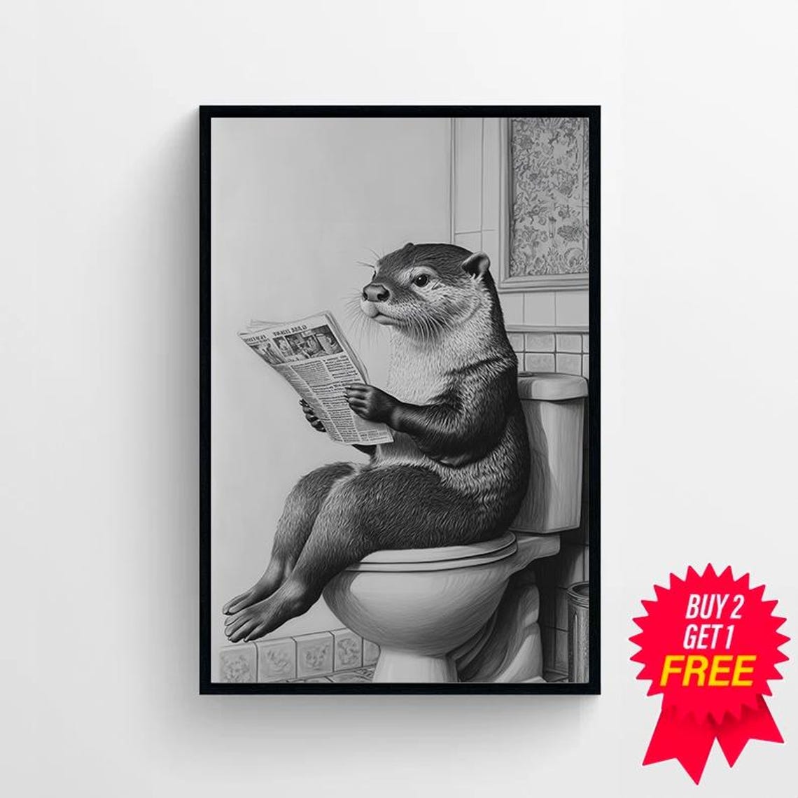 Funny Black and White Otter Reading Newspaper on a Toilet Poster - Image 4