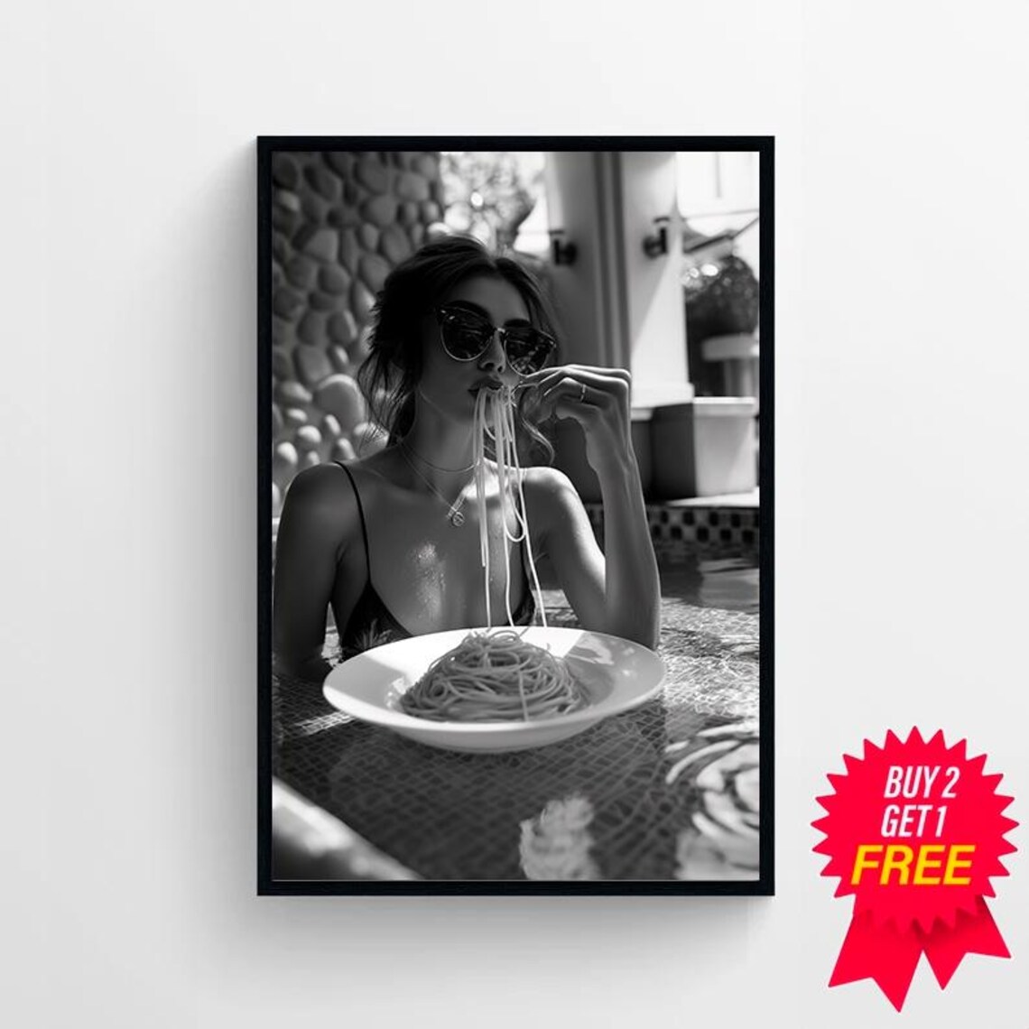 Stylish Woman Eating Spaghetti Poolside Black And White Print - Image 4