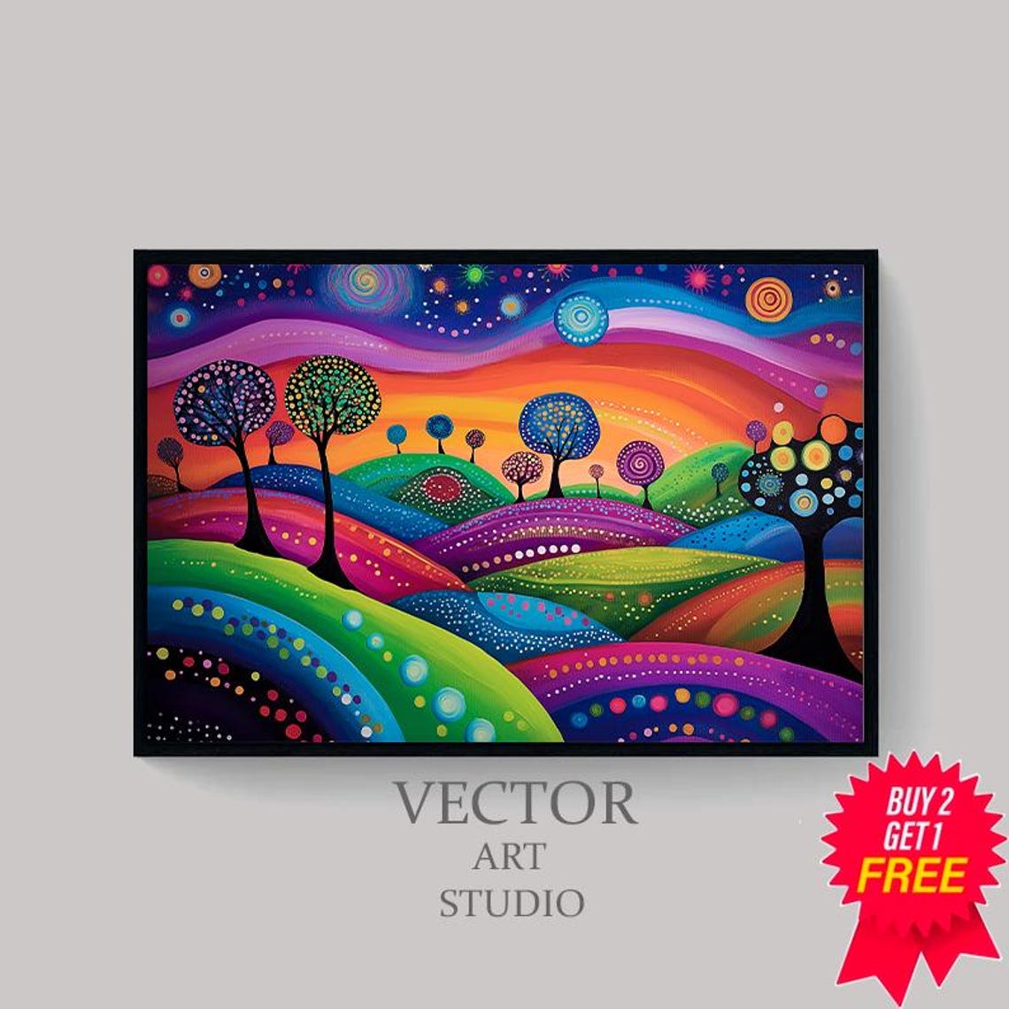 Whimsical Dotted Trees Rainbow Rolling Hills Landscape Poster - Image 4
