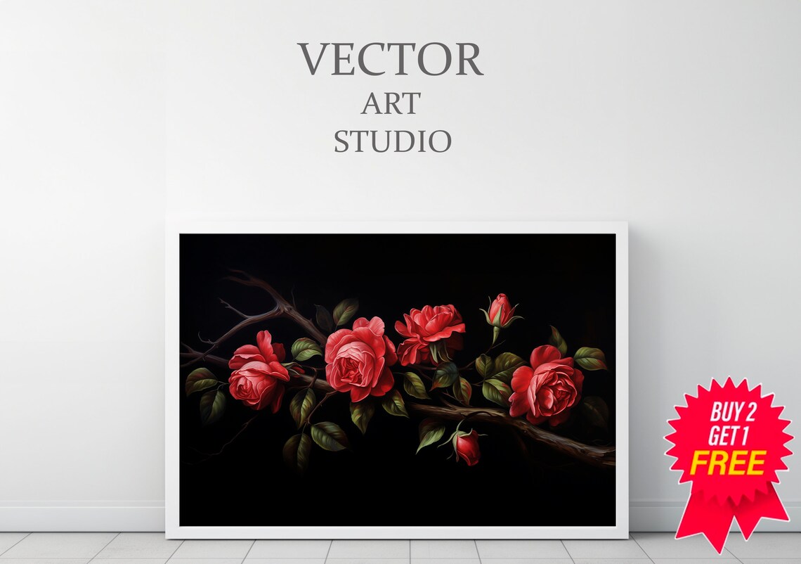 Red Roses on Branch Black Background Moody Floral Oil Poster - Image 3
