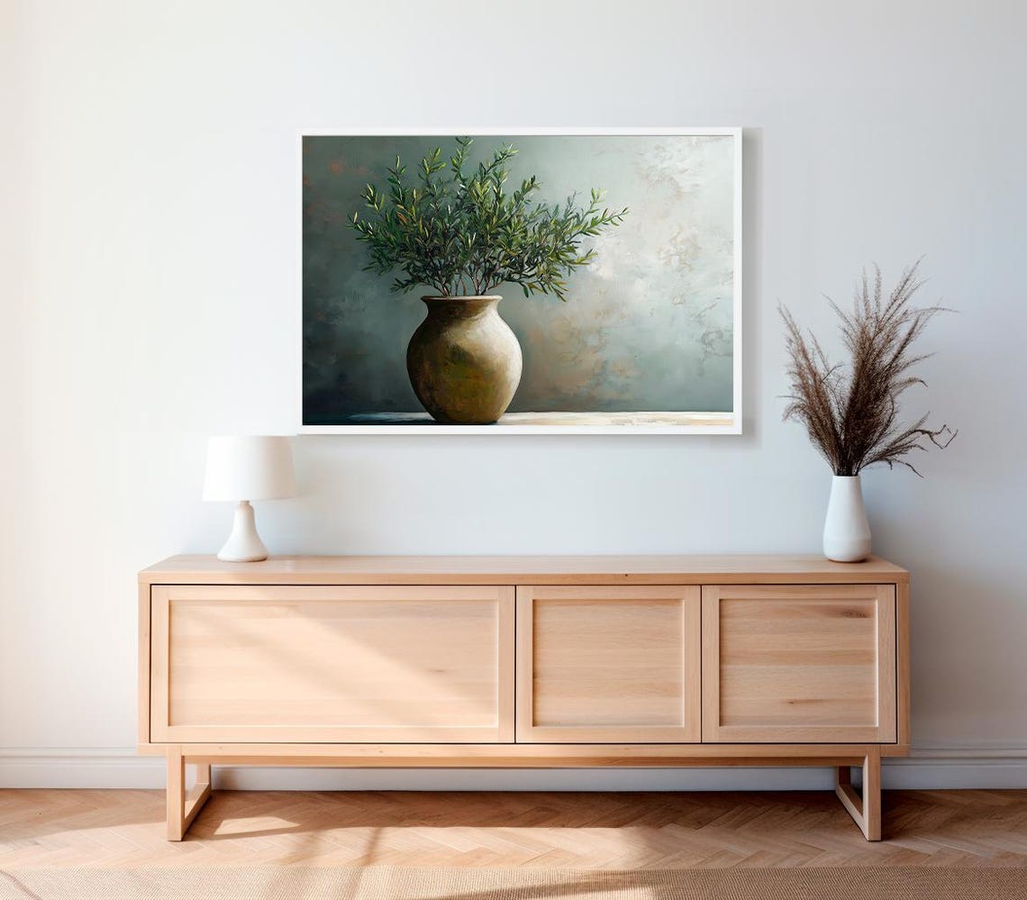 Olive Branches In Aged Bronze Pot Moody Botanical Still Life Poster - Image 2