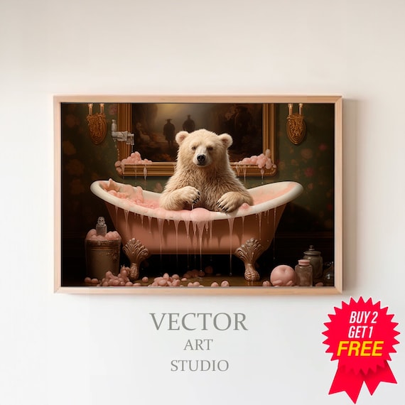 Light Brown Bear Cub in Pink Bubble Bath Vintage Bathroom Art Poster