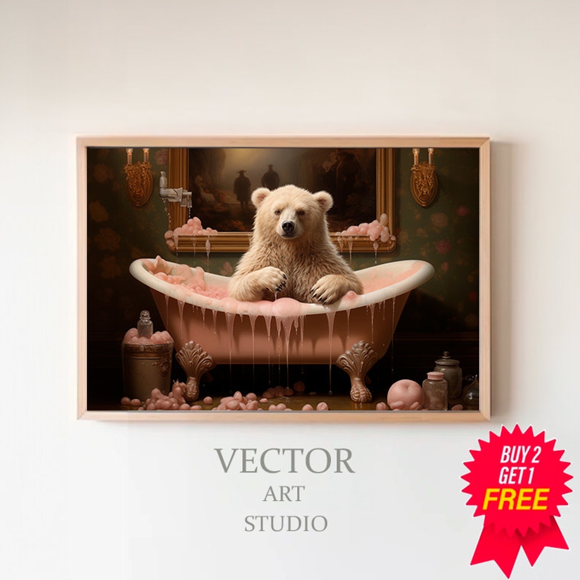 Light Brown Bear Cub in Pink Bubble Bath Vintage Bathroom Art Poster