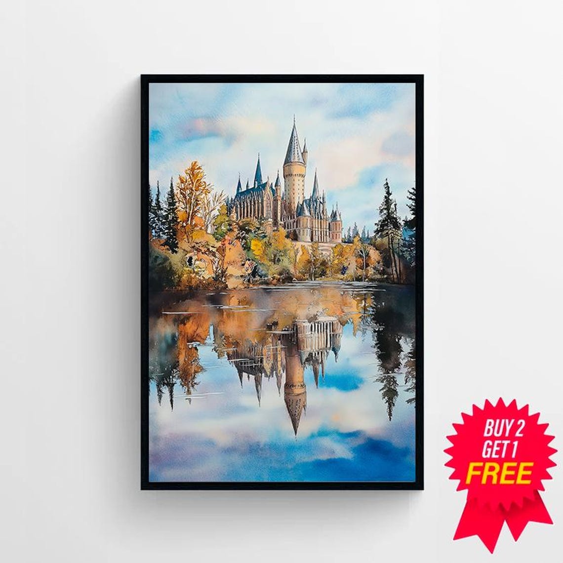 Magical Castle Summer Watercolour Charming Wizard Art Wizarding World Enthusiasts Witchcraft Great Lake At Spring Magical School Print - Image 4