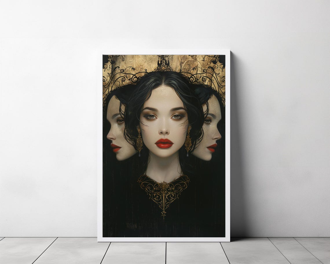Three Faced Goddess Red Lips Gold Filigree Ornate Gothic Art Poster - Image 3