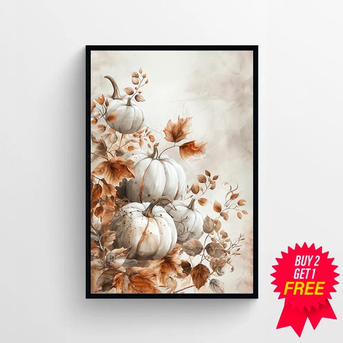 Stacked White Pumpkins With Fall Leaves Watercolor Art Poster - Image 4