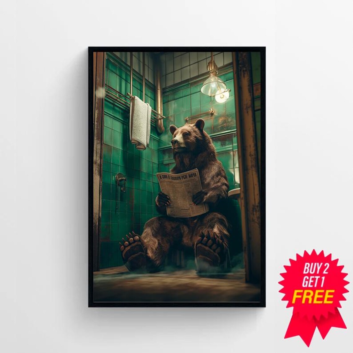 Bear Reading A Newspaper On The Toilet Funny Bathroom Wall Art - Image 4