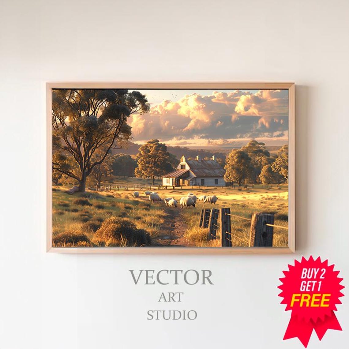 Outback Farmhouse Sheep Grazing At Sunset Golden Fields Rural Poster