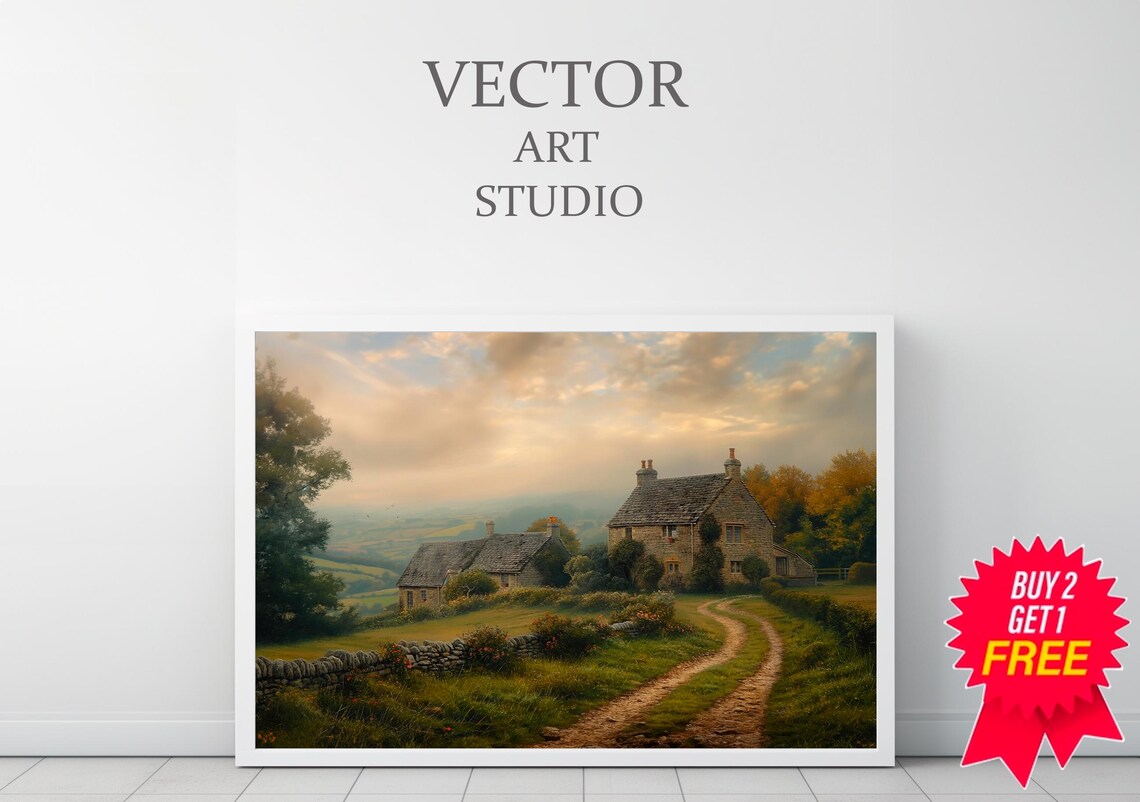 Stone Country Cottages at Sunset with Winding Dirt Road Poster - Image 3