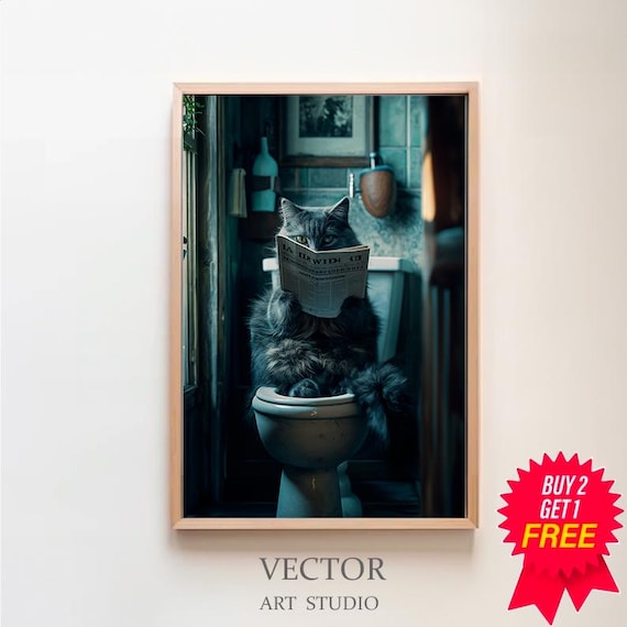 Funny Cat Reading Newspaper On Toilet Humorous Bathroom Poster