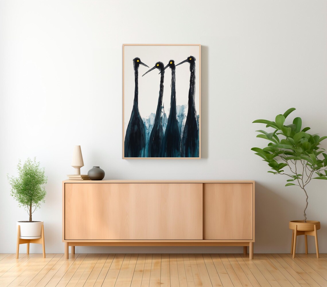 Four Black Cranes Minimalist Japanese Style Watercolor Art Poster - Image 2