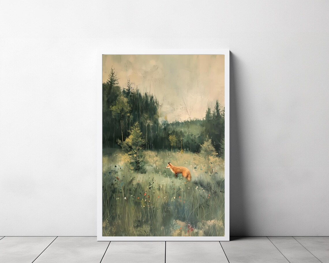 Red Fox Standing In A Misty Woodland Meadow Vintage Oil Painting Poster - Image 3