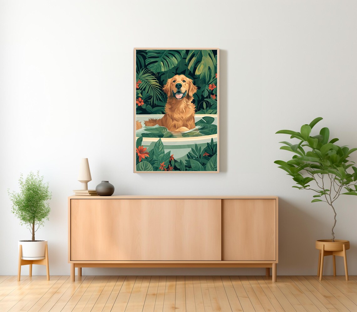 Happy Golden Retriever Bathing in Tub Tropical Leaves Poster - Image 2