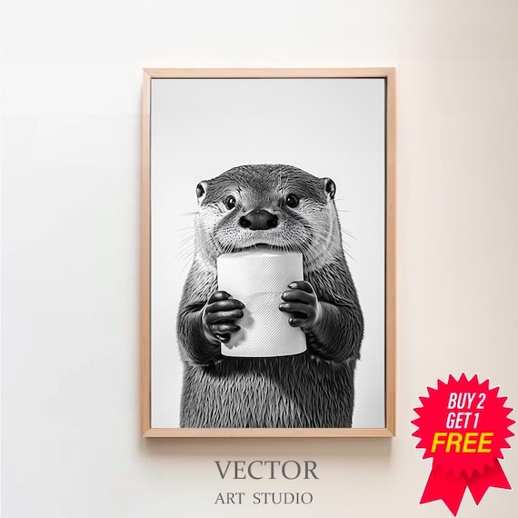 Funny Otter Holding a Toilet Paper Roll in Black and White Poster