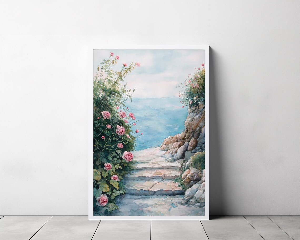 Stone Garden Steps With Pink Roses Overlooking the Sea Poster - Image 3