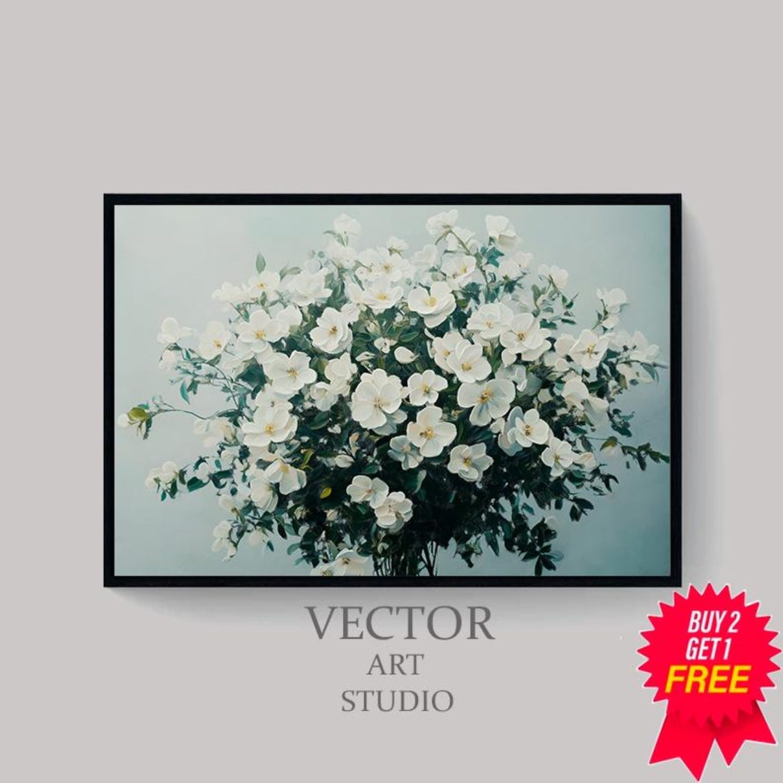 White Spring Blossoms Bouquet Soft Pale Blue Botanical Art Print - Image 4