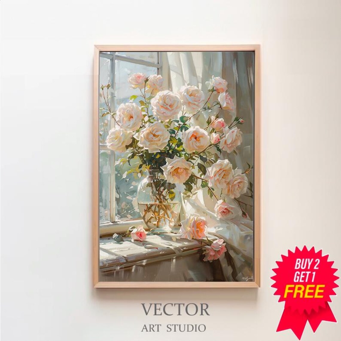 White Roses Bouquet in Glass Vase by a Sunlit Window Art Poster