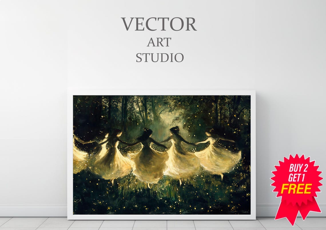 Five Fairies Circle Dance in a Firefly Forest Night Scene Poster - Image 3