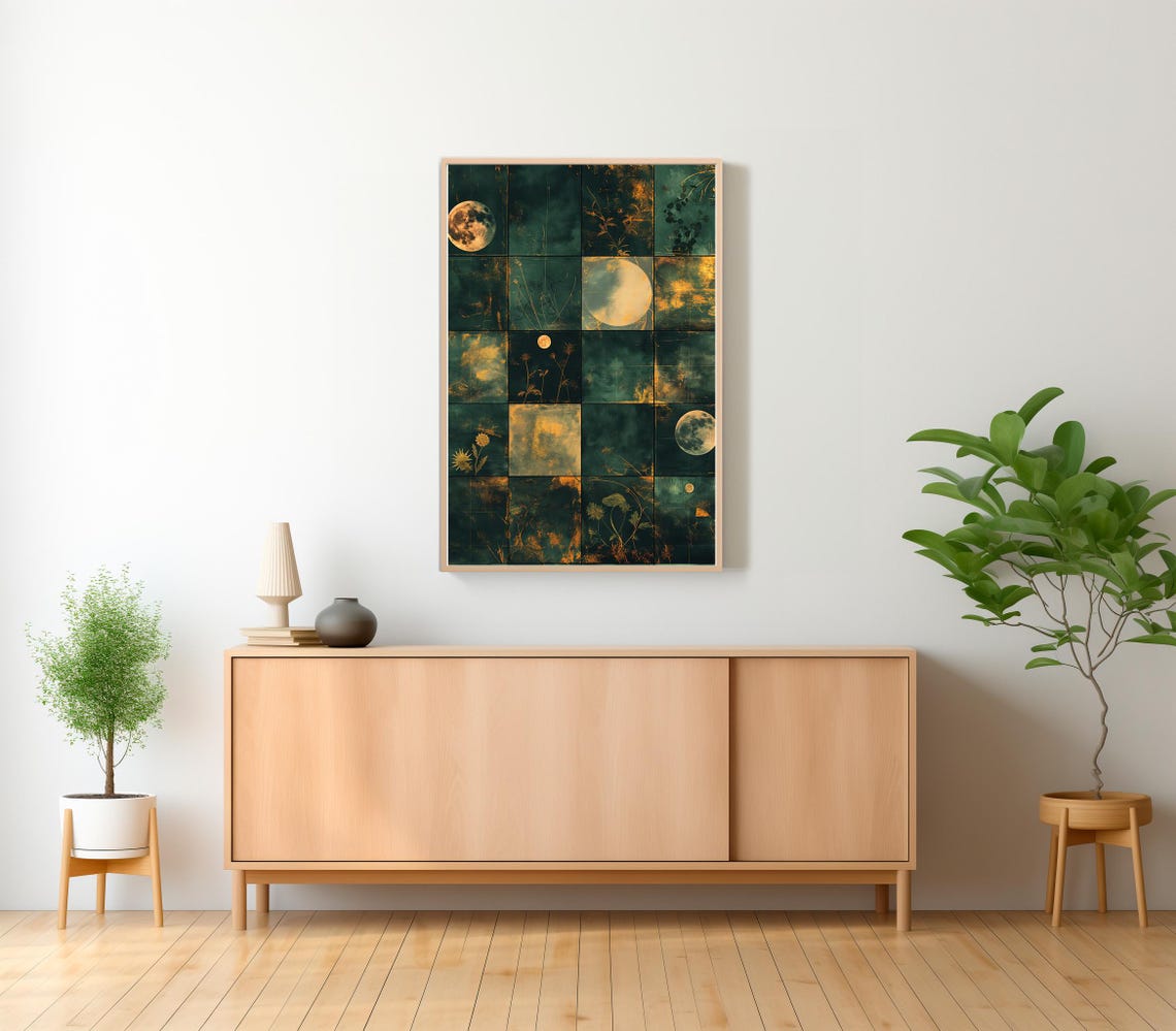 Midnight Moon Phases Grid with Golden Botanical Details Poster - Image 2