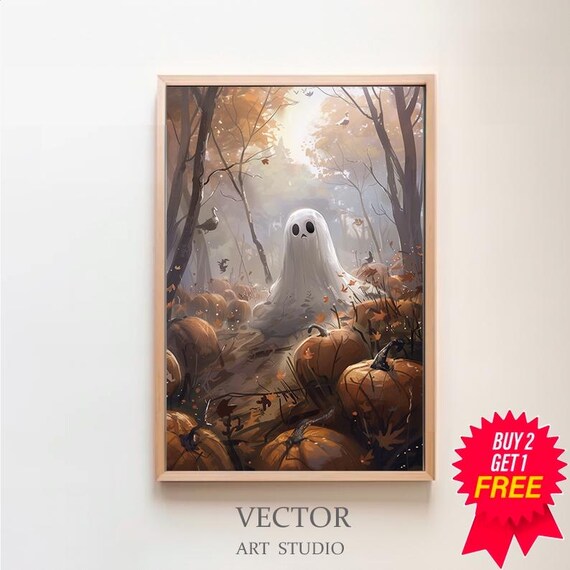 Ghost Standing In Pumpkin Patch With Crows Flying Autumn Halloween Poster