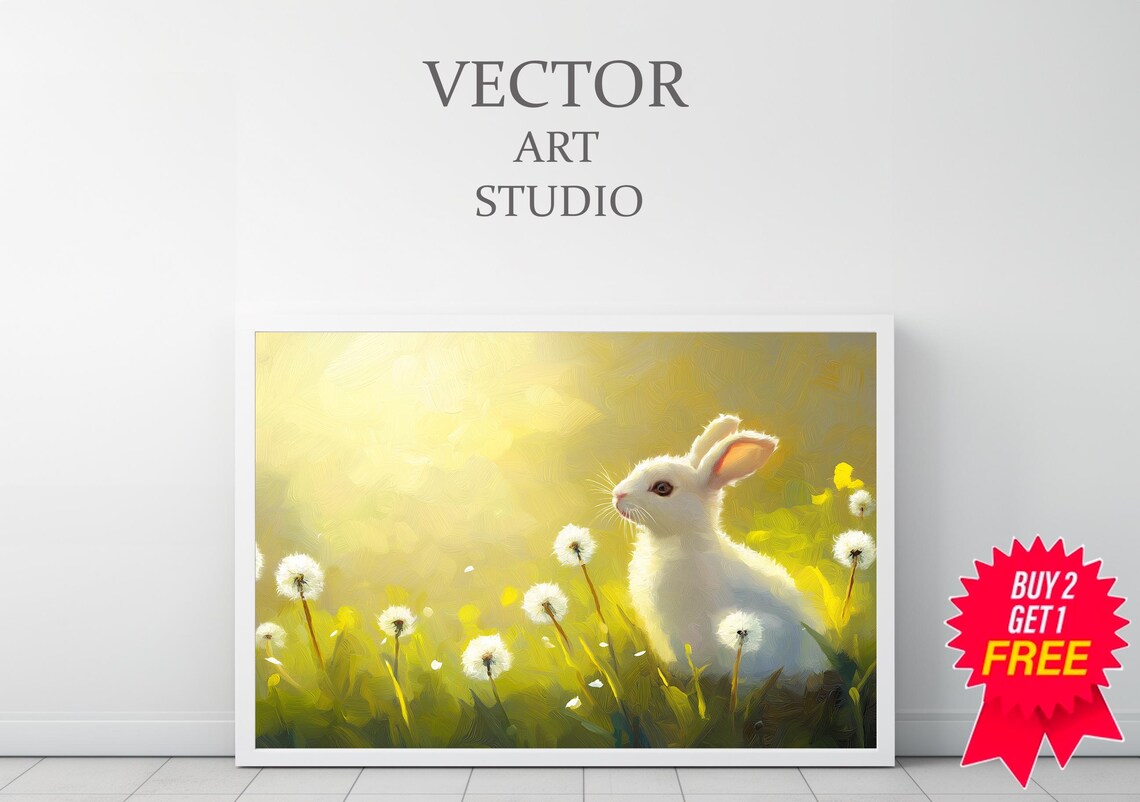 White Bunny Sitting Among Dandelions in Bright Golden Sunlight Art Poster - Image 4