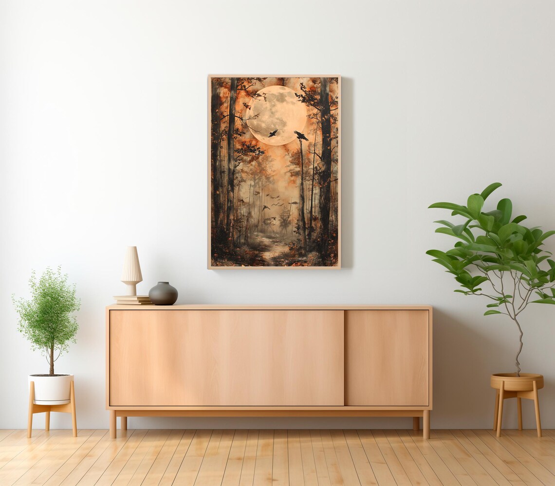 Full Moon Rising Over a Haunted Forest with Crows in Orange Mist Poster - Image 2