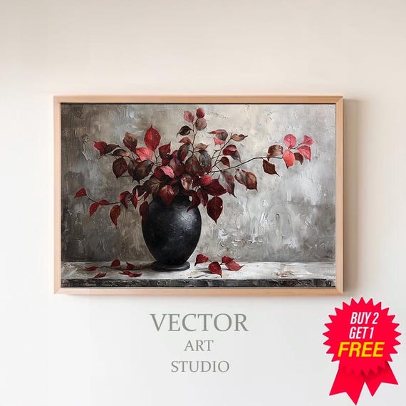 Burgundy Branches Painting Art Moody Floral Art Vintage Fall Artwork