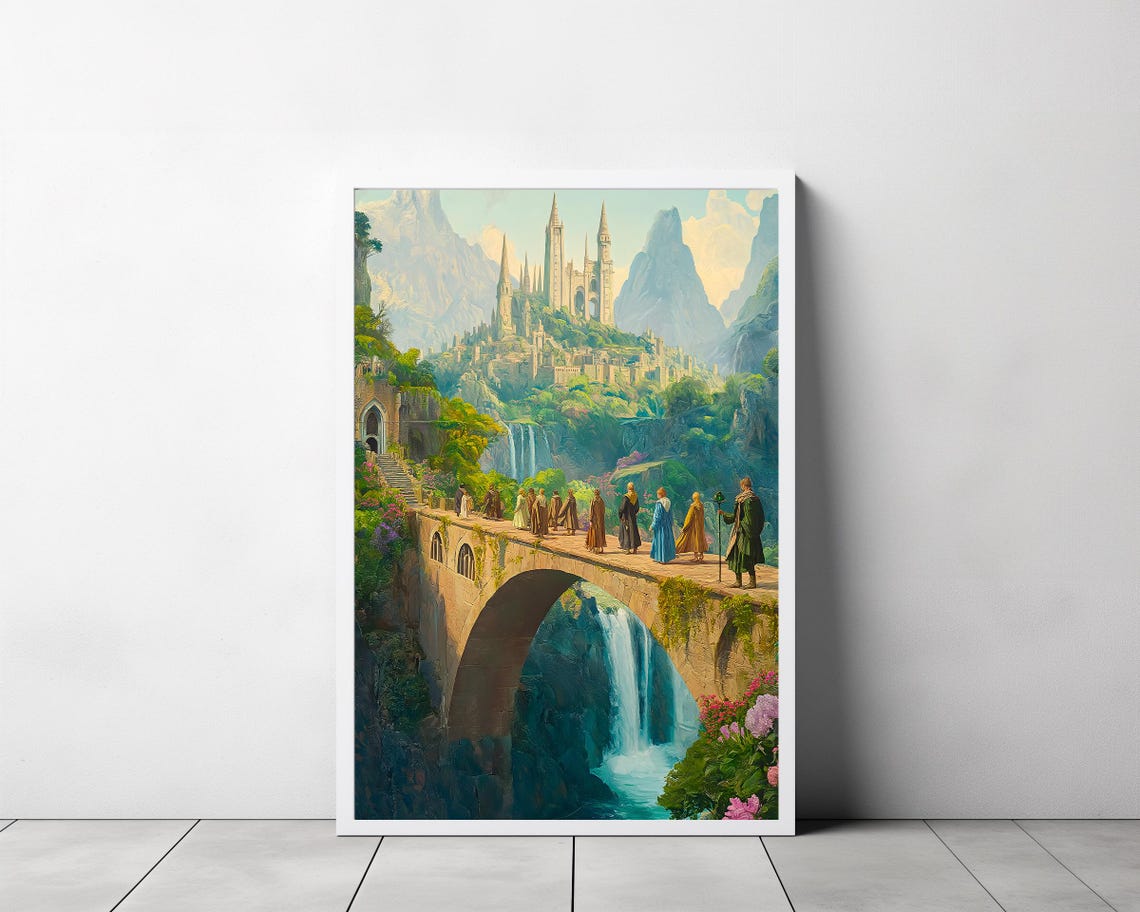 Fantasy Fellowship Mountain Castle Stone Bridge Valley Art Poster - Image 3