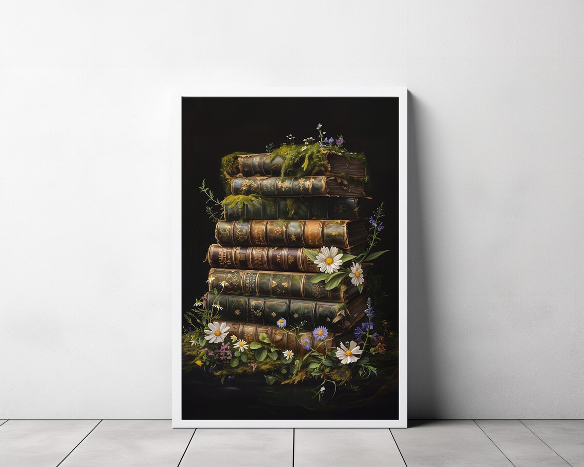 Tall Stack of Old Mossy Antique Books With Wildflowers Poster - Image 3