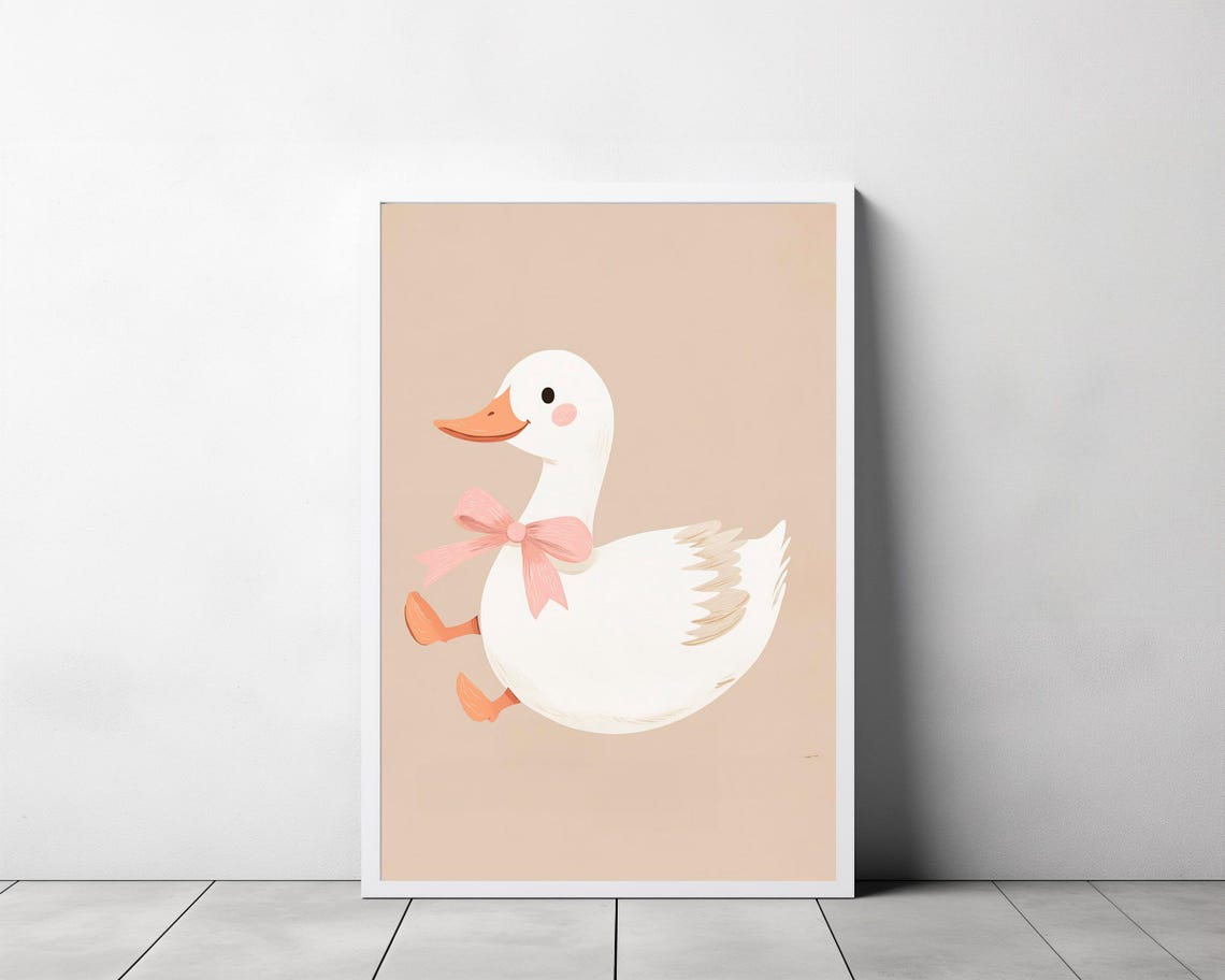 Cute White Duck With Pink Bow Running on Beige Nursery Poster - Image 3